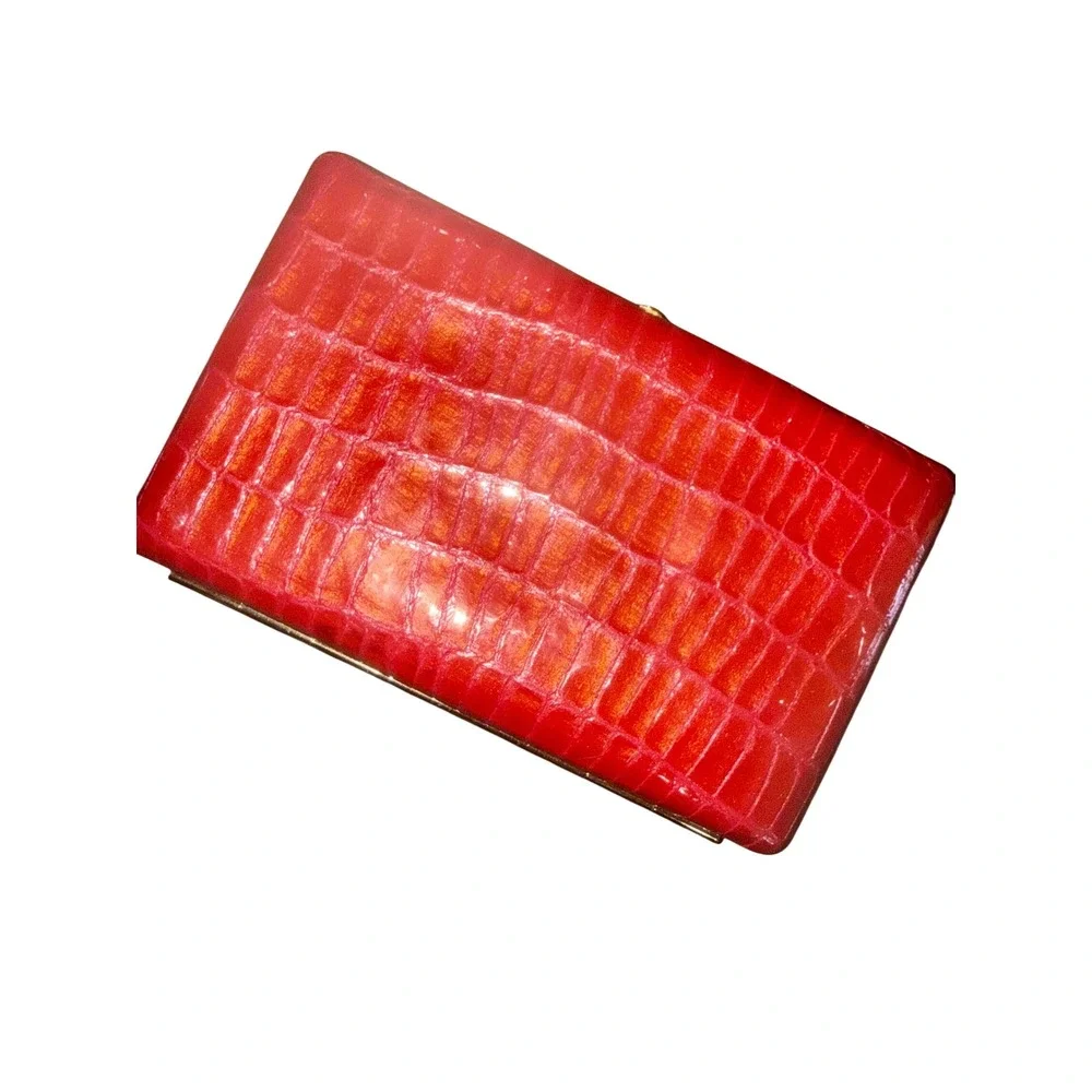 Abas Red Glossy Crocodile Embossed Leather Clutch Wallet Gold Frame